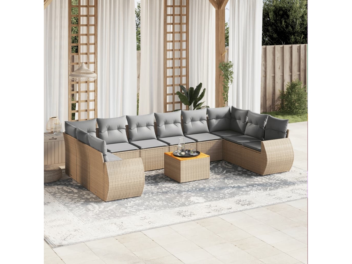Vidaxl 11 Pcs Conjunto Sofás De Jardim C/ Almofadões Vime Pe Bege
