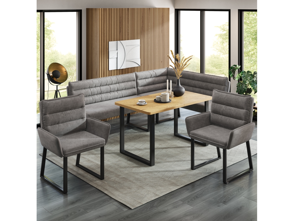 Conjunto Canto Banco Chenille Cinza 2 Cadeiras Mesa Madeira