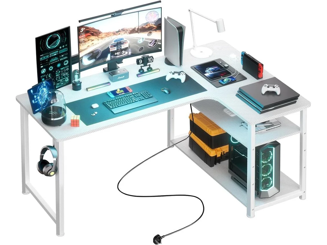Secretária para Jogos em Forma de L Secretária com Prateleiras para Arrumação com Porta de Carregamento Usb e Tomada Eléctrica Branco COMHOMA