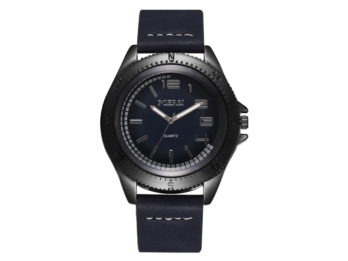 Relógio masculino de quartzo com pulseira de couro PU, estilo casual de negócios, mostrador redondo grande, azul.