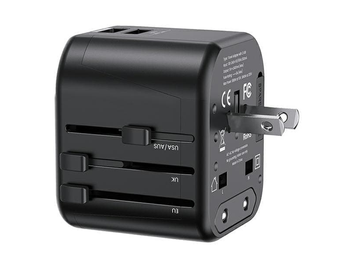 Adaptador de rede Usams. 2xusb T55 12w 4 Em 1 Eua/au/eu/uk Preto/ Preto Cc173tc01(us, Cc173) Carregador Universal Para Viagens