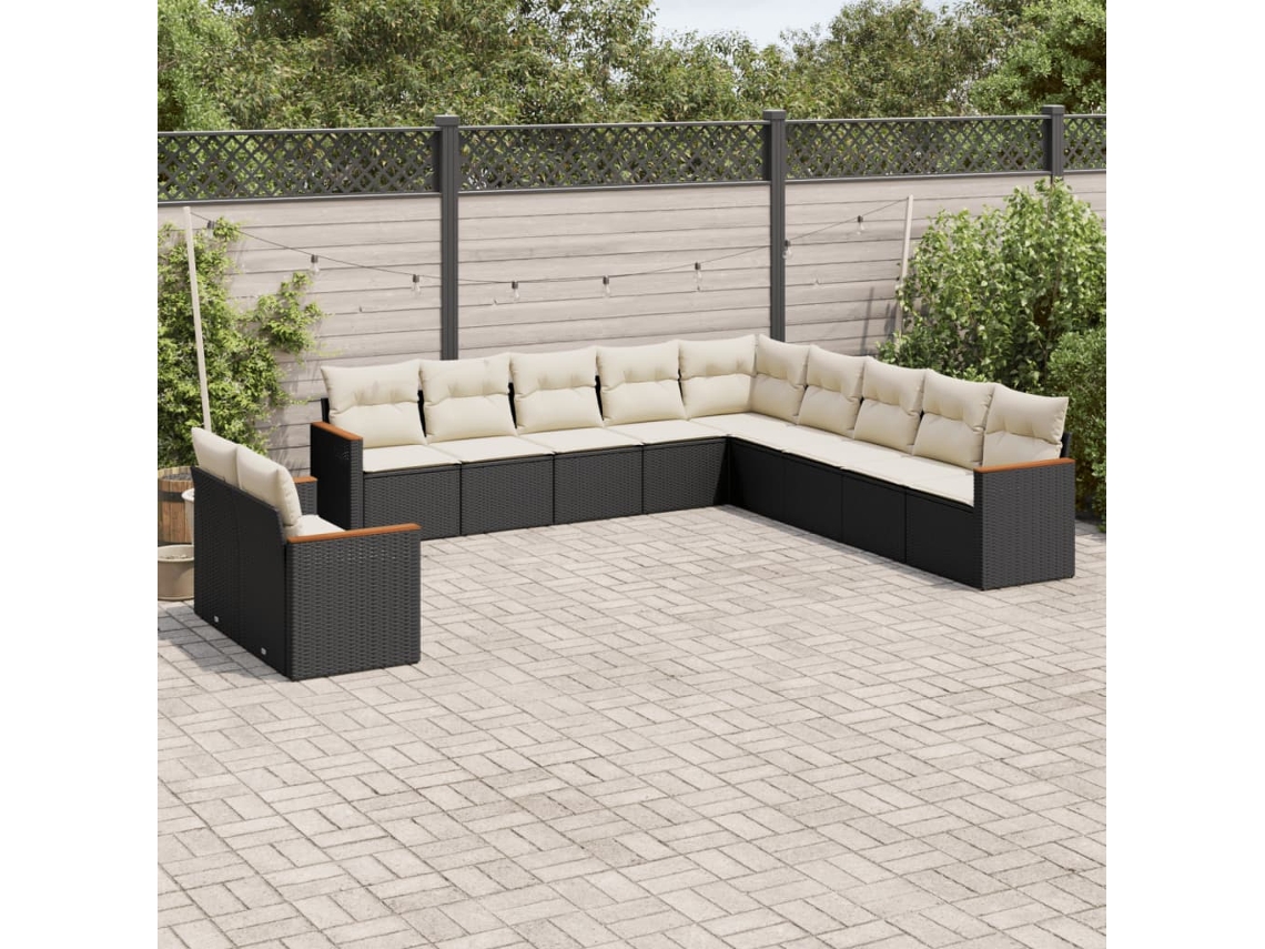 Vidaxl 11 Pcs Conjunto Sofás De Jardim C/ Almofadões Vime Pe Preto