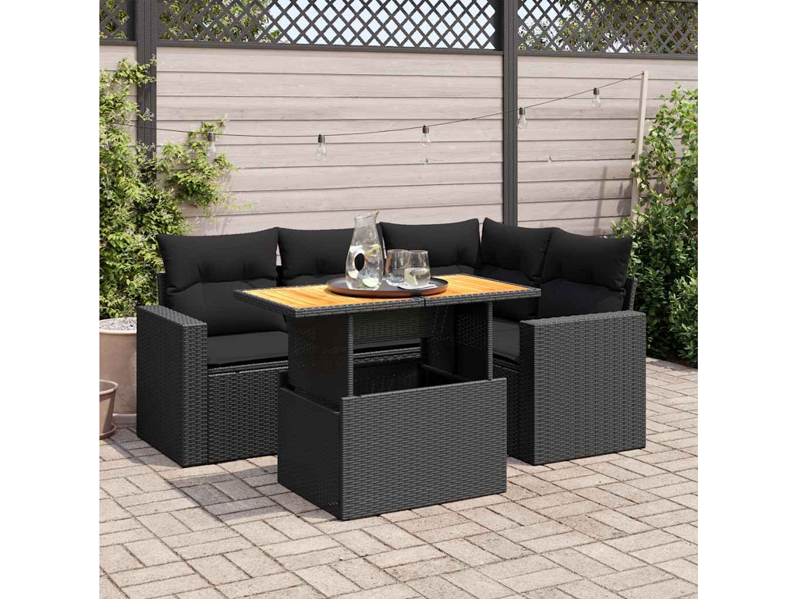 Vidaxl 5 Pcs Conjunto Sofás De Jardim Com Almofadões Vime Pe Preto