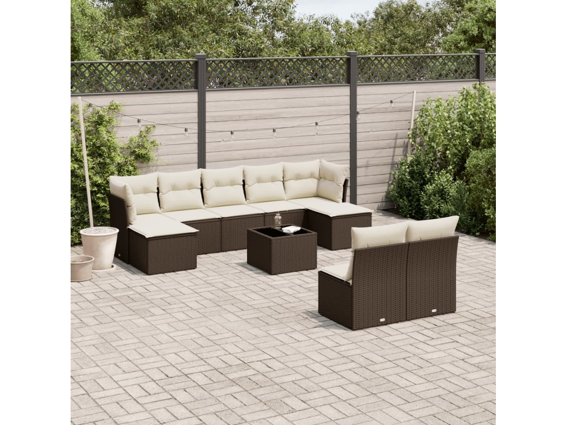 Vidaxl 10 Pcs Conj. Sofás Jardim Com Almofadões Vime Pe Castanho