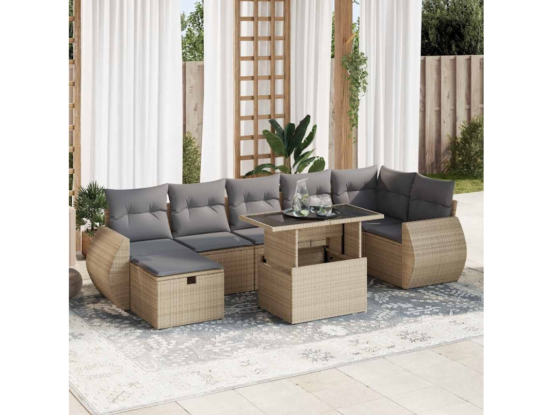 Vidaxl 8 Pcs Conjunto De Sofás P/ Jardim Com Almofadões Vime Pe Bege