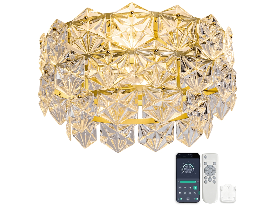 Ventilador De Teto 19 Polegadas Dourado Com Lustre De Cristal, Pás Abs, Controlo Por Aplicação E Seis Velocidades