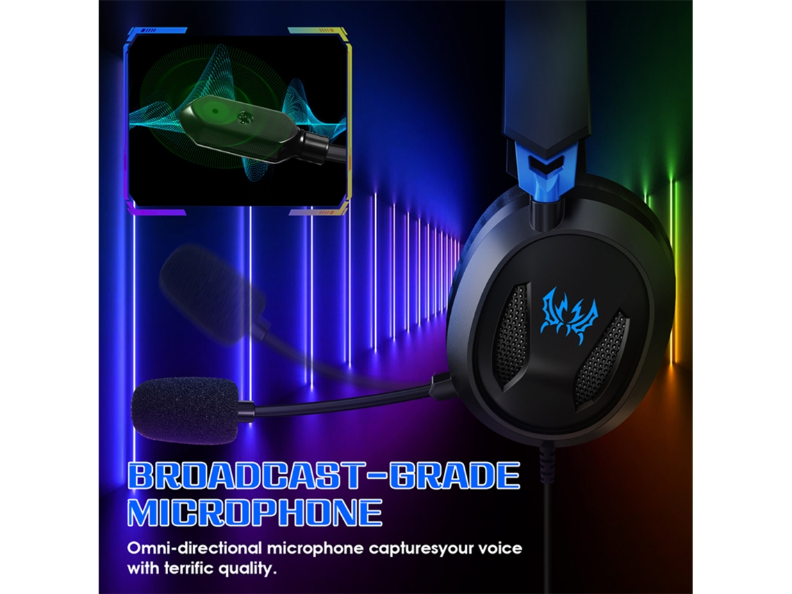 Fone de ouvido gamer over ear com fio, microfone omnidirecional, espuma de memória EOOCOO