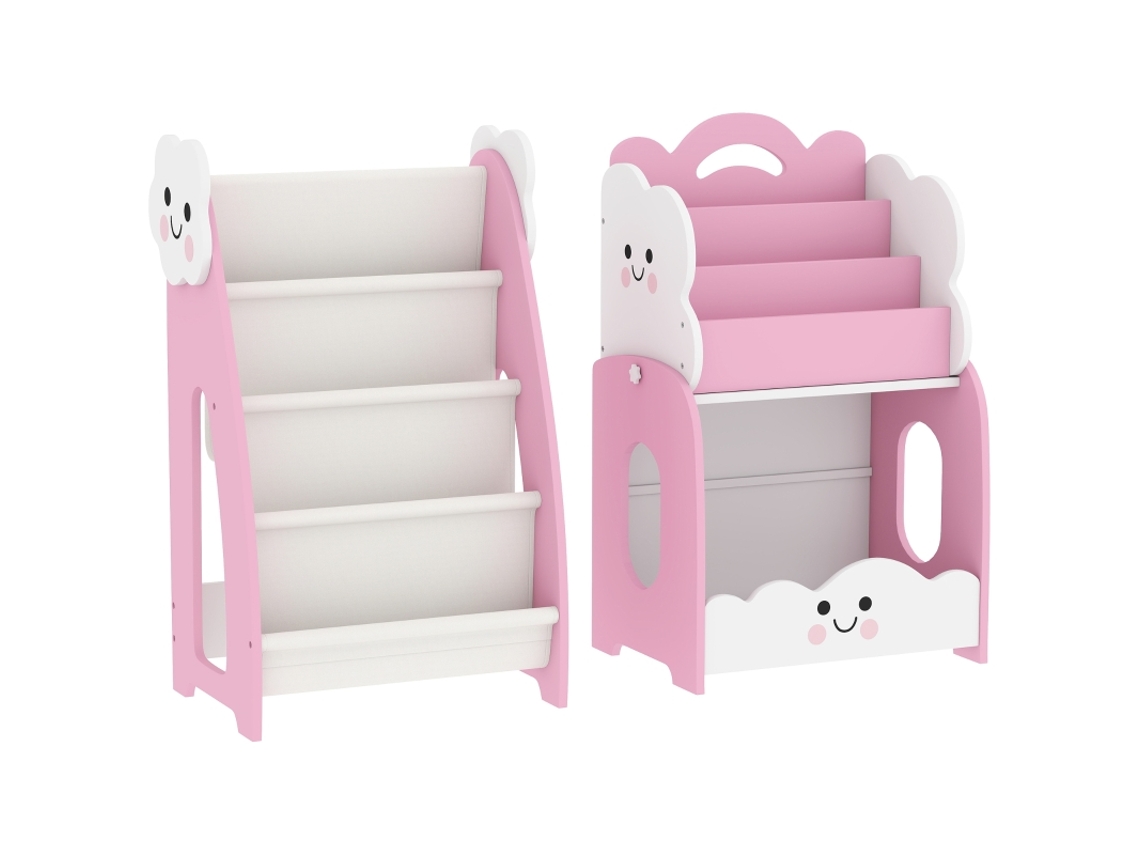 Estante Infantil 3 Em 1 Com Armazenamento De Brinquedos, Estante Modular Rosa Com 4 Bolsos E 3 Níveis, Ideal Para Quarto