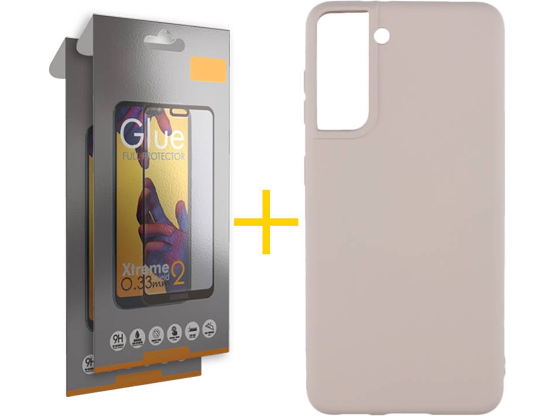 Capa e 2 Películas de Vidro Full Samsung S21 SKYHE Silicone Líquido Rosa