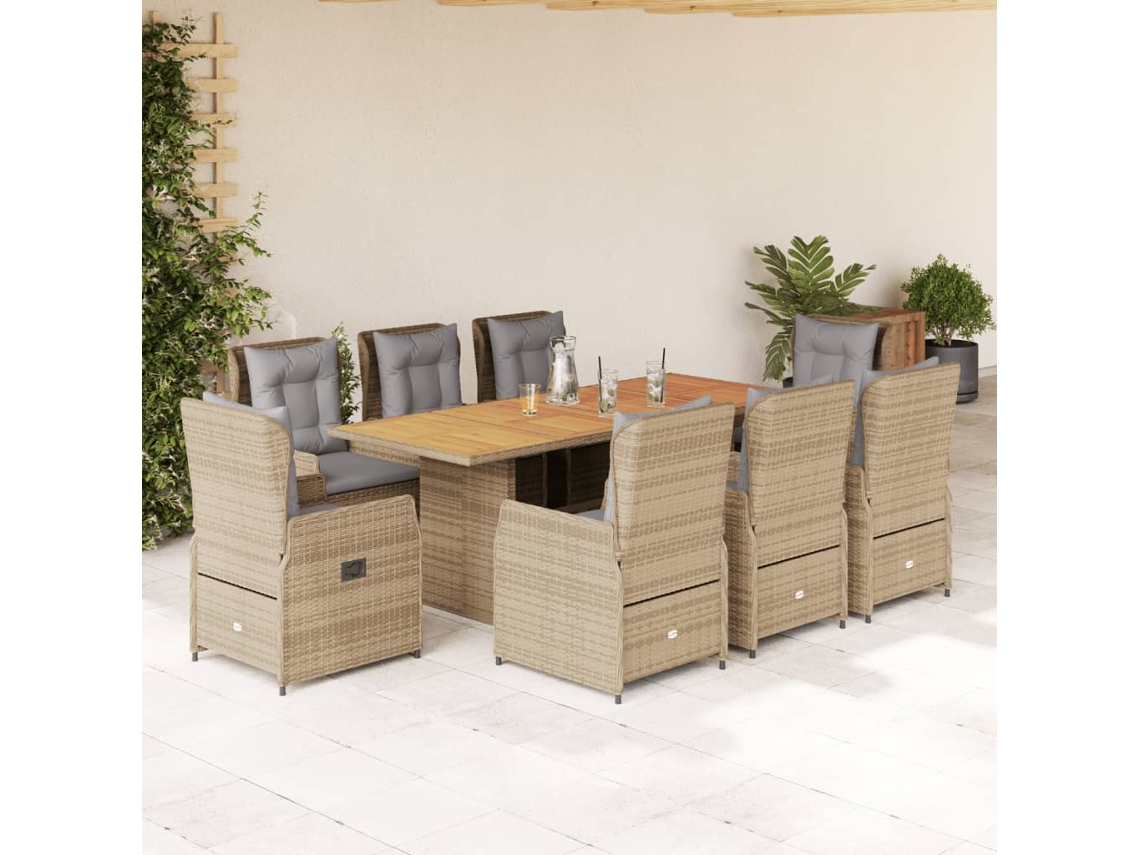 Conjunto 9 Peças Jantar P/ Jardim Com Almofadões Vime Pe Bege Dkd Home Decor