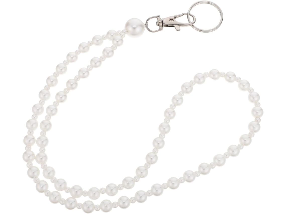 Conjunto De Cordão Pescoço Popetpop Com Pérolas Brancas E Porta Crachá Transparente Em Abs 37x 1, 5cm, Design