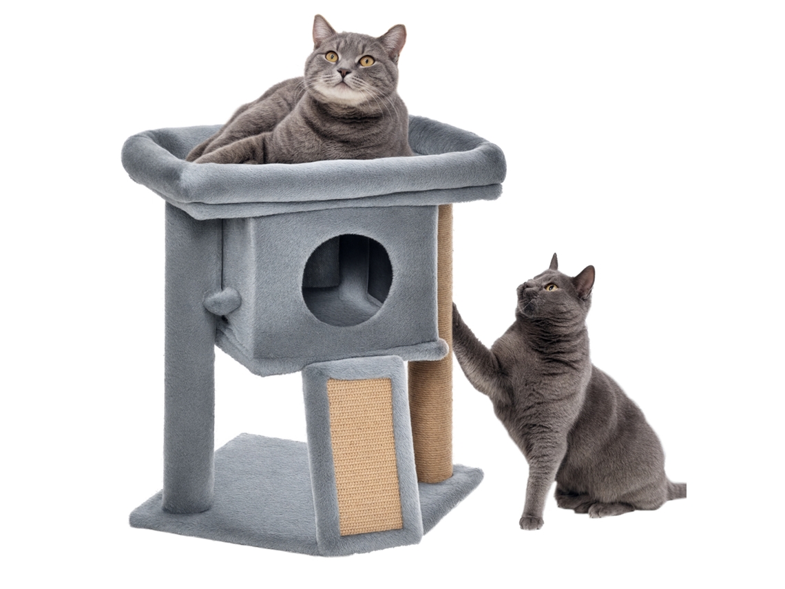 Árvore Para Gatos, 57 Cm De Altura, Com Poste De Juta Para Arranhar, Esconderijo, Plataforma E Bola Para Brincar, Em Tecido De Pelúcia Cinza Claro.