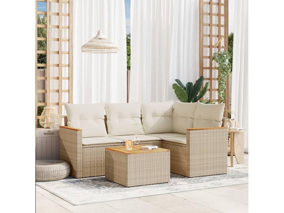 Vidaxl 5 Pcs Conjunto De Sofás P/ Jardim Com Almofadões Vime Pe Bege