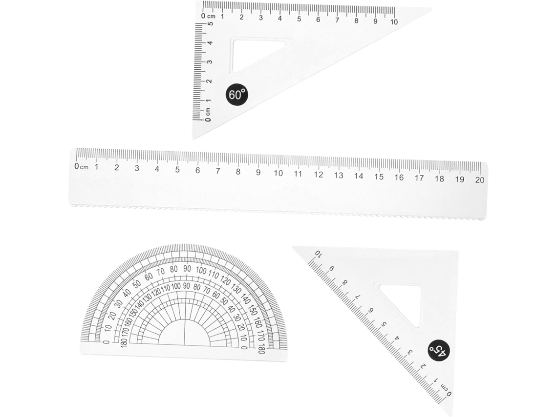 Conjunto de 4 réguas geométricas de 20 cm em ABS para desenho.