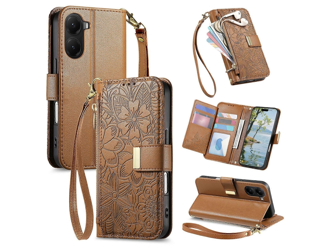 Capa Carteira De Couro Com Zíper, Estampa De Flores E Folhas, Com Alça, Para Xiaomi Poco X7 Pro