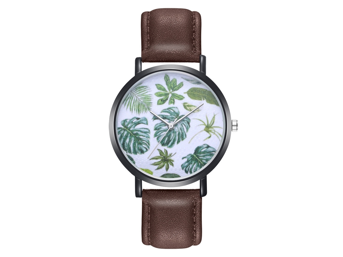 Relógio de quartzo com pulseira de couro PU, mostrador redondo, estampa de folhas, cor café Zhoulianfa