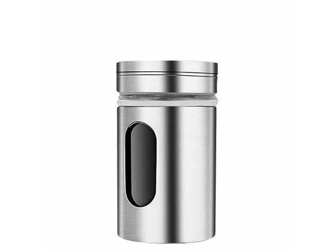 Dispensador de condimentos Rebe-304 em aço inoxidável com recipiente giratório para açúcar, sal e pimenta, ideal para cozinhar e servir.