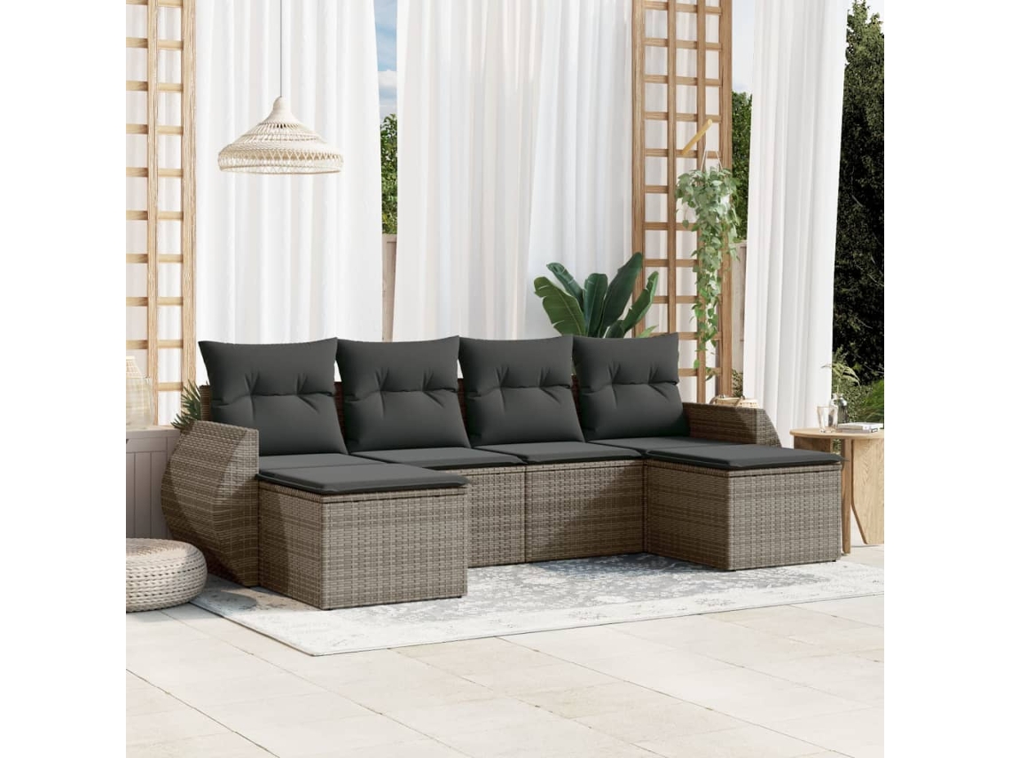 Vidaxl 6 Pcs Conjunto Sofás De Jardim Com Almofadões Vime Cinzento