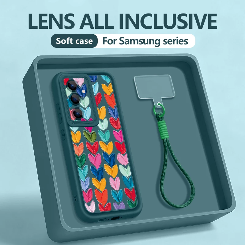 (azul) Capa De Celular Samsung Galaxy S25 Com Cordão Flexível E Estampa De Coração