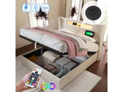 Cama De Casal 140x200 Com Led Usb-c E Armário Sem Colchão