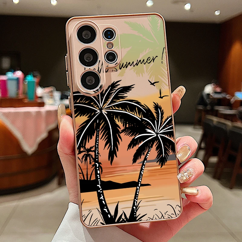 Capa Para Celular Galaxy A57 Com Estampa De Coqueiro À Beira-mar (dourada) E Fixação Magnética.