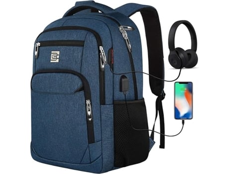 Mochila para laptop com carregamento USB e porta para fone de ouvido, mochila antirroubo para laptop empresarial com alça de ombro acolchoada e respirável, Beijiyi azul