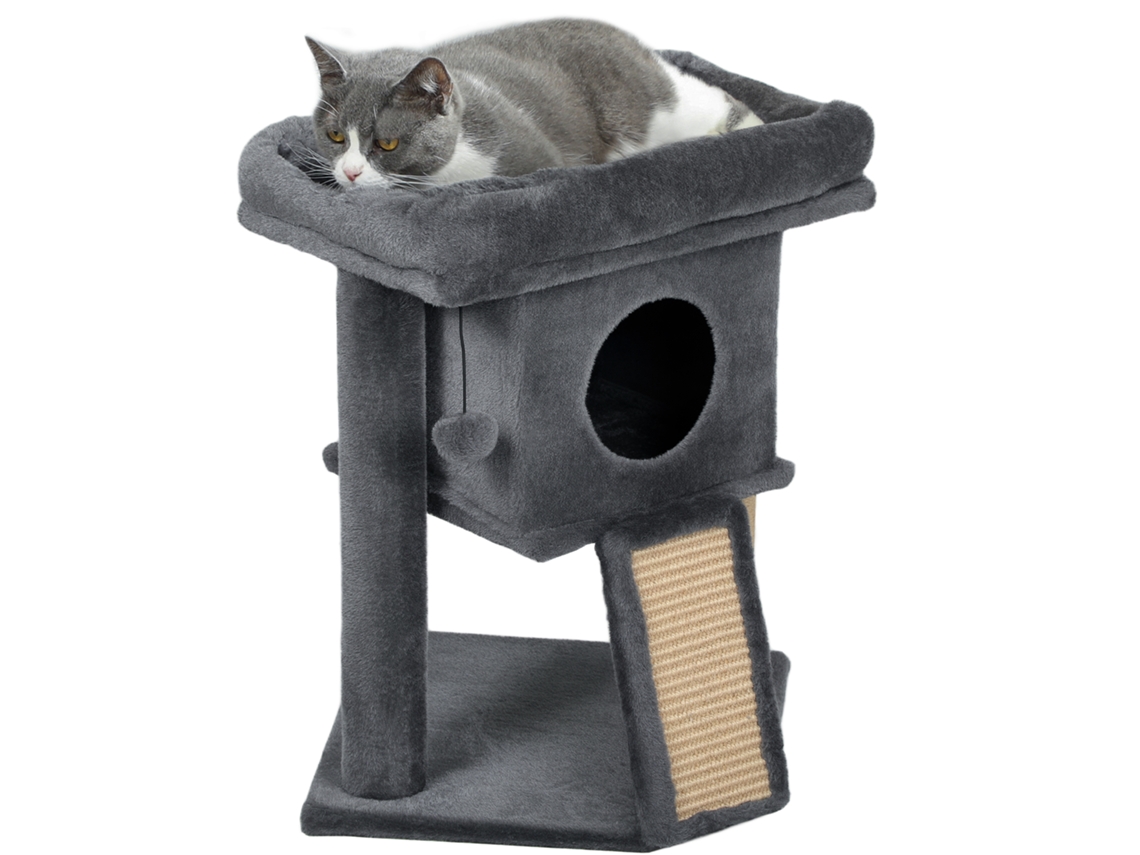 Árvore de Arranhão para Gatos Pequenos 57 Cm com Rampa de Arranhão Cama de Caverna e Bola Pendurada 40x40x57 Cm Cinza Escuro Ge