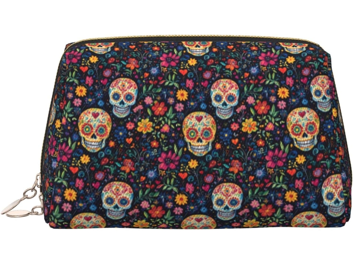 Nécessaire de Maquiagem com Estampa de Caveira Floral, grande para viagens
