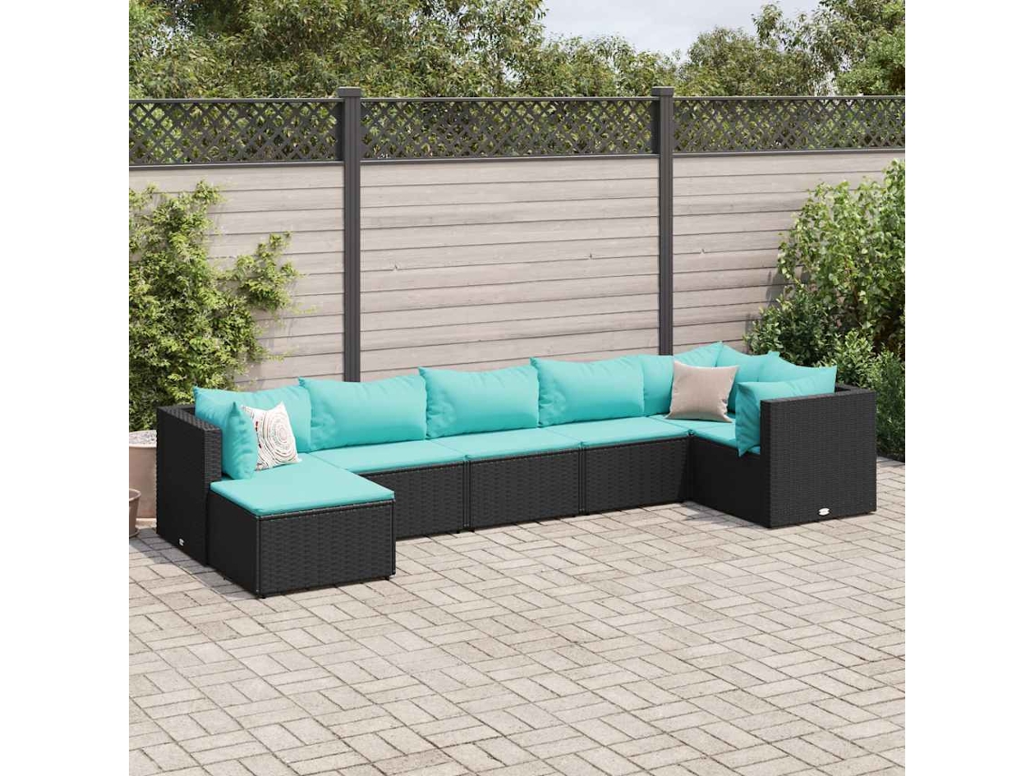 Vidaxl 7 Pcs Conjunto Lounge De Jardim C/ Almofadões Vime Pe Preto