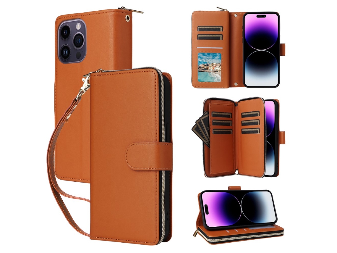 Capa Para Iphone 14 Pro Max Pele Sintética Com Porta-cartões Castanho