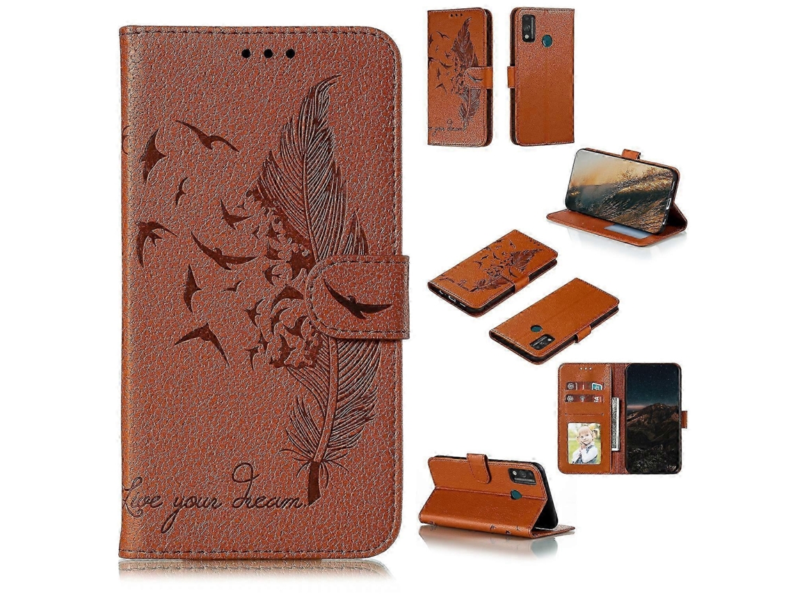 Brown26-27 Feather Pattern Litchi Texture Horizontal Flip Leather Case With Wallet Holder Card Slots For Huawei Honor 9x Lite