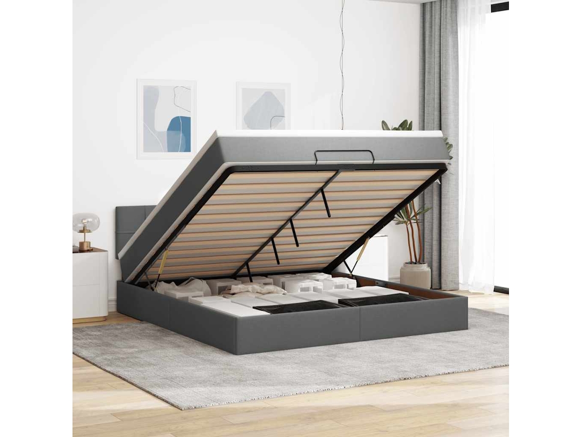 Vidaxl Cama Otomana com Colchão Leds 180x200cm Tecido Cinza escuro