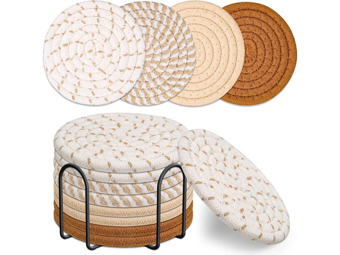 Conjunto 8 Bases De Copos Com Suporte - Absorventes Algodão - 11 Cm Castanho