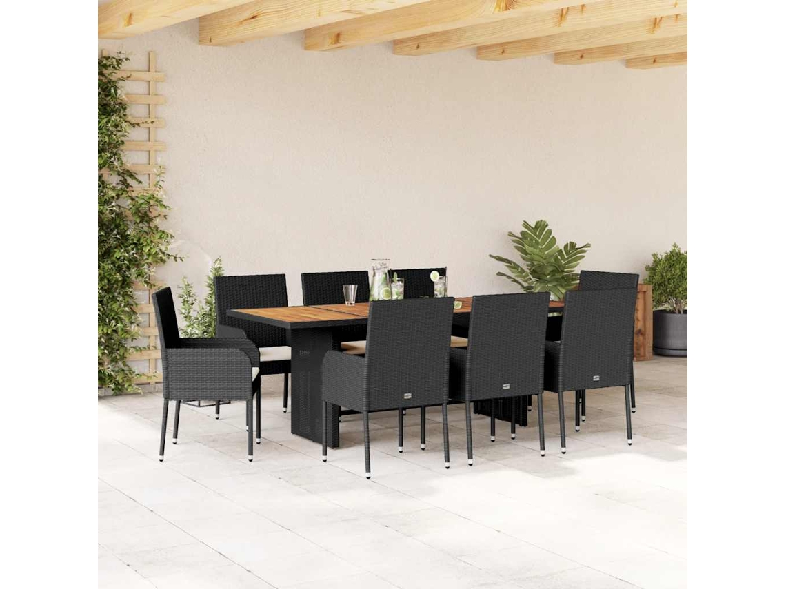 Vidaxl 9 Pcs Conjunto De Jantar P/ Jardim C/ Almofadões Vime Pe Preto