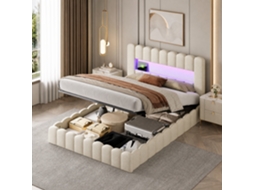 Cama Estofada Bubble Bed 160x200cm, Cama Hidráulica Com Espaço De Arrumação E Base De Ripas, Cama De Casal Com Led E Usb, Linho, Bege, Simurq