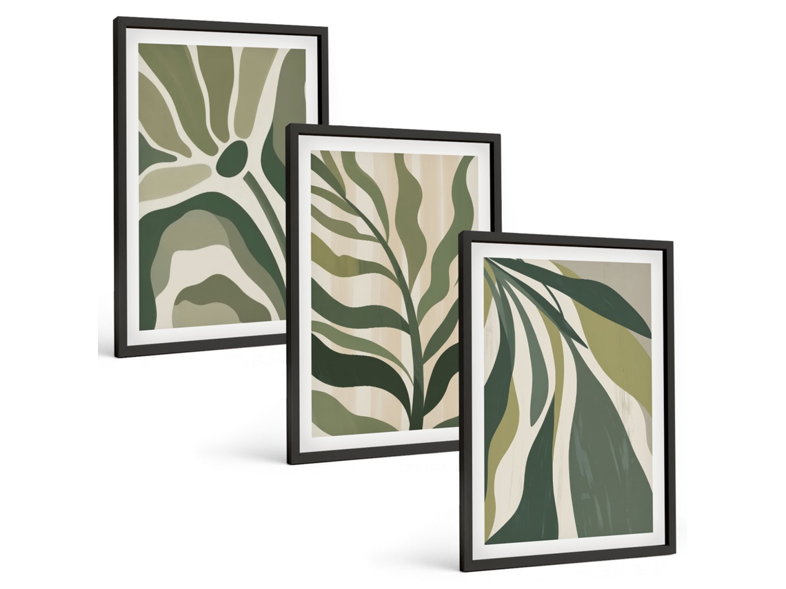 Quadros Decorativos Para Parede Ilustrações De Folhas Verdes Pintadas Moldura Preta Quadros Para O Escritório Espelharte (3 Piezas De 40x60 Cm)