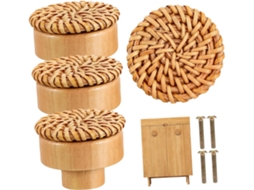Angoily Conjunto De 4-puxadores Gaveta Em Rattan Trançado 40mm Com Cabos Madeira, Puxadores Boho Para Móveis De Cômoda