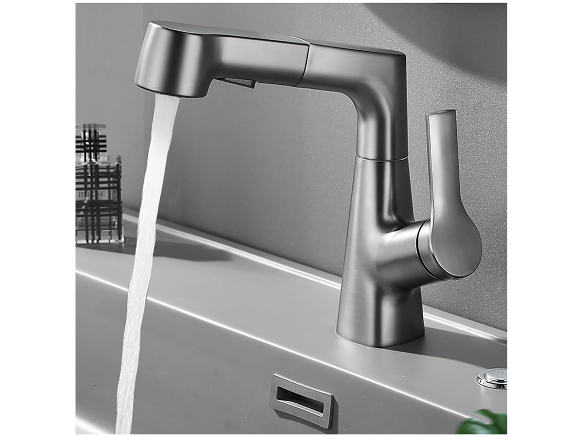 Torneira Misturadora De Cozinha, Misturador De Cozinha Com Ducha Extensível, Misturador De Cozinha Giratório 360° Com Água Quente E Fria, Cinza