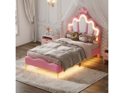 Cama Infantil Princesa 90x200 Cm Com Cabeceira Coroa Led, Cama Estofada Em Pu Macio, Rosa, Sem Colchão