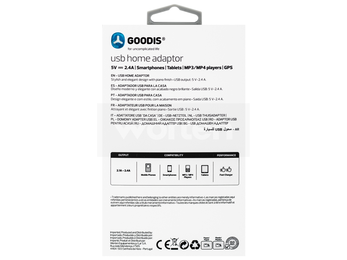 Adaptador Viagem GOODIS 5V-2.4A Branco