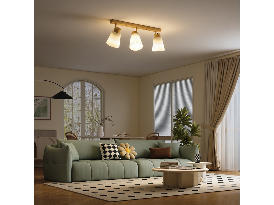 Lustre de Teto com 3 Pontos de Luz Ajustáveis a 90° e Soquete E27,cor Madeira BTFORUS