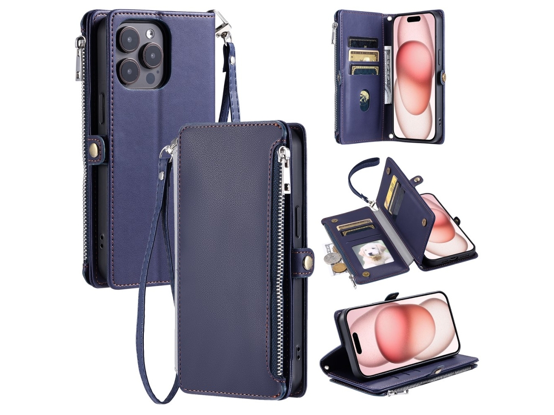 Capa Pega Para Iphone 15 Pro Pele Sintética Azul
