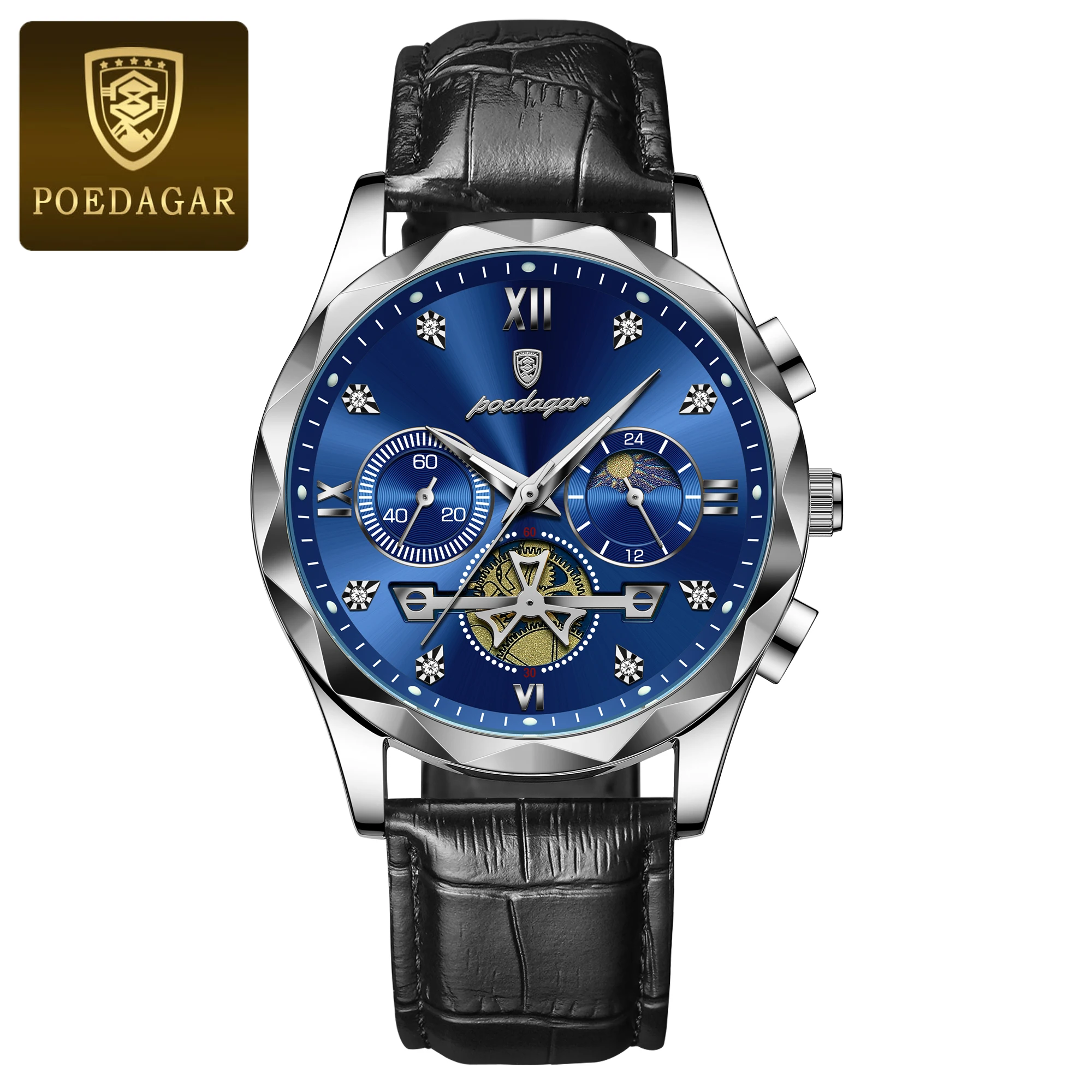 Relógio Esportivo MDUG Masculino Pulseira de Couro Genuíno à Prova D'água, Luminoso e Cronógrafo (caixa Prateada, Mostrador Azul)