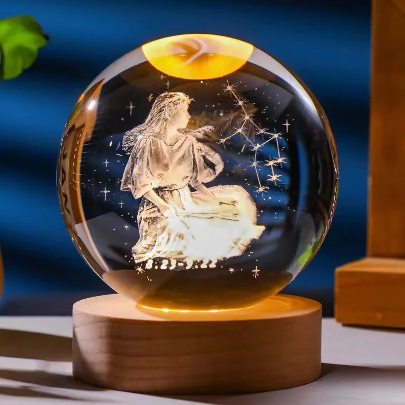 Bola de Cristal de 6,8cm com Doze Constelações, Base de Madeira com Led MDUG (virgem 6x6cm com Luz)