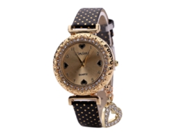 Relógio de Quartzo Feminino com Pulseira de Couro Pu e Pingente de Coração Oco com Strass