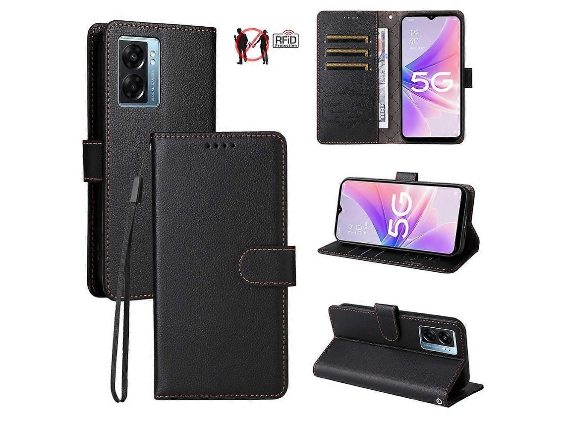 Capa De Celular Carteira Tripla Em Couro Com Textura De Lichia E Bloqueio Rfid Para Oppo A57 5g / A77 5g / K10 5g (índia)
