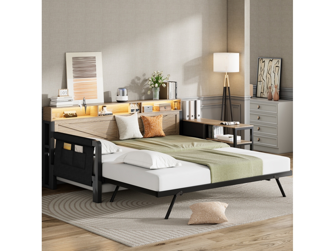Sofá Camadeira Metal 90x200cm Com Cama Gavetas Led Usb Preto