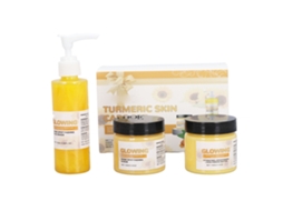 Conjunto de 3 peças para cuidados com a pele com cúrcuma, ideal para mulheres.