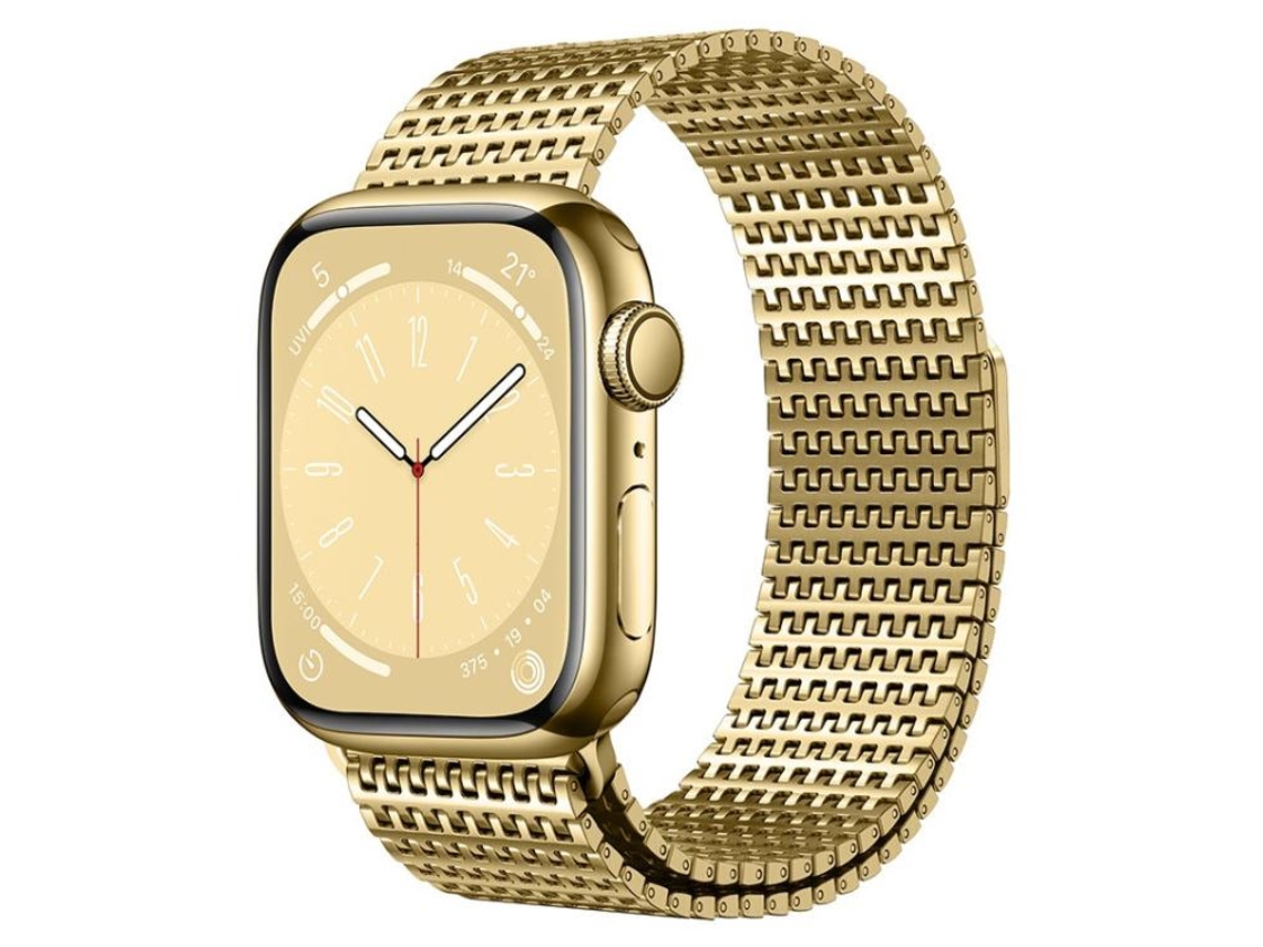 Bracelete Para Apple Watch 46/49/45/44mm - Malha Milanesa Magnética Com Pino De Segurança Dourada