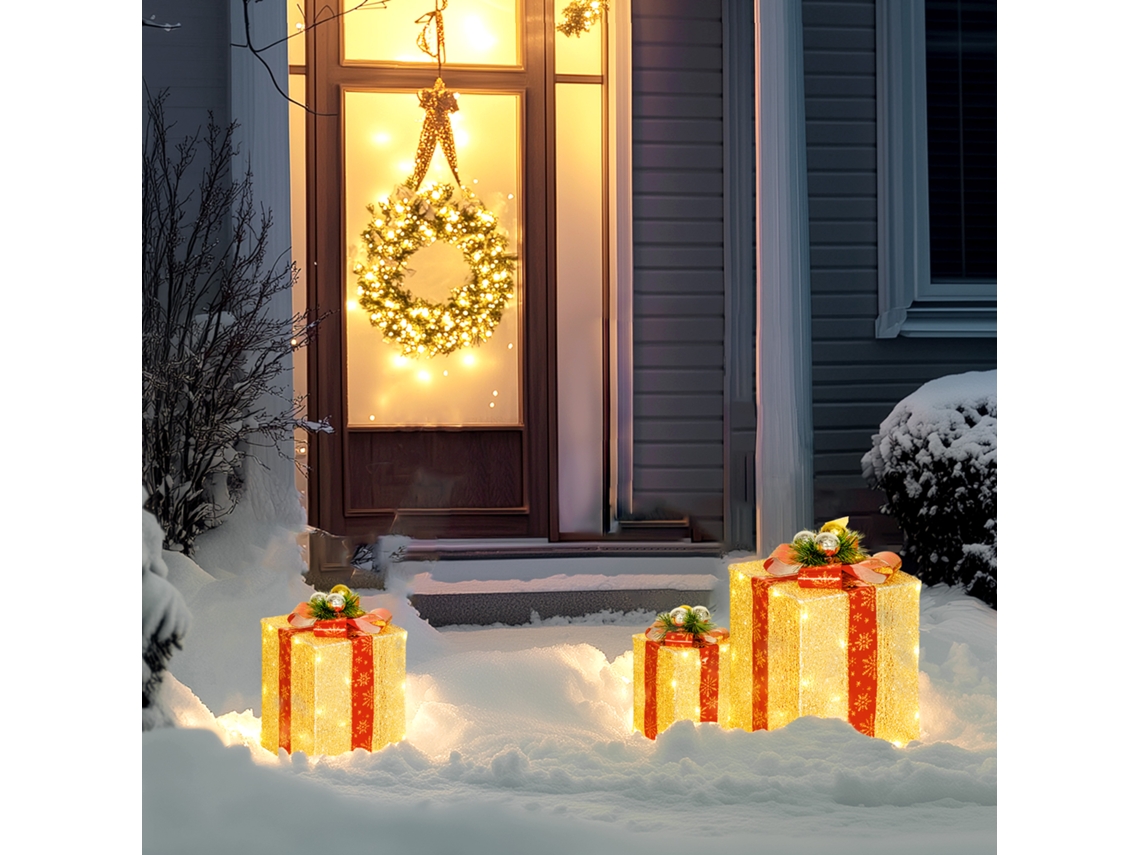 Conjunto De 3 Caixas De Presente De Natal Para Decoração Interna E Externa, Com 58 Luzes Led, Em Tom Dourado